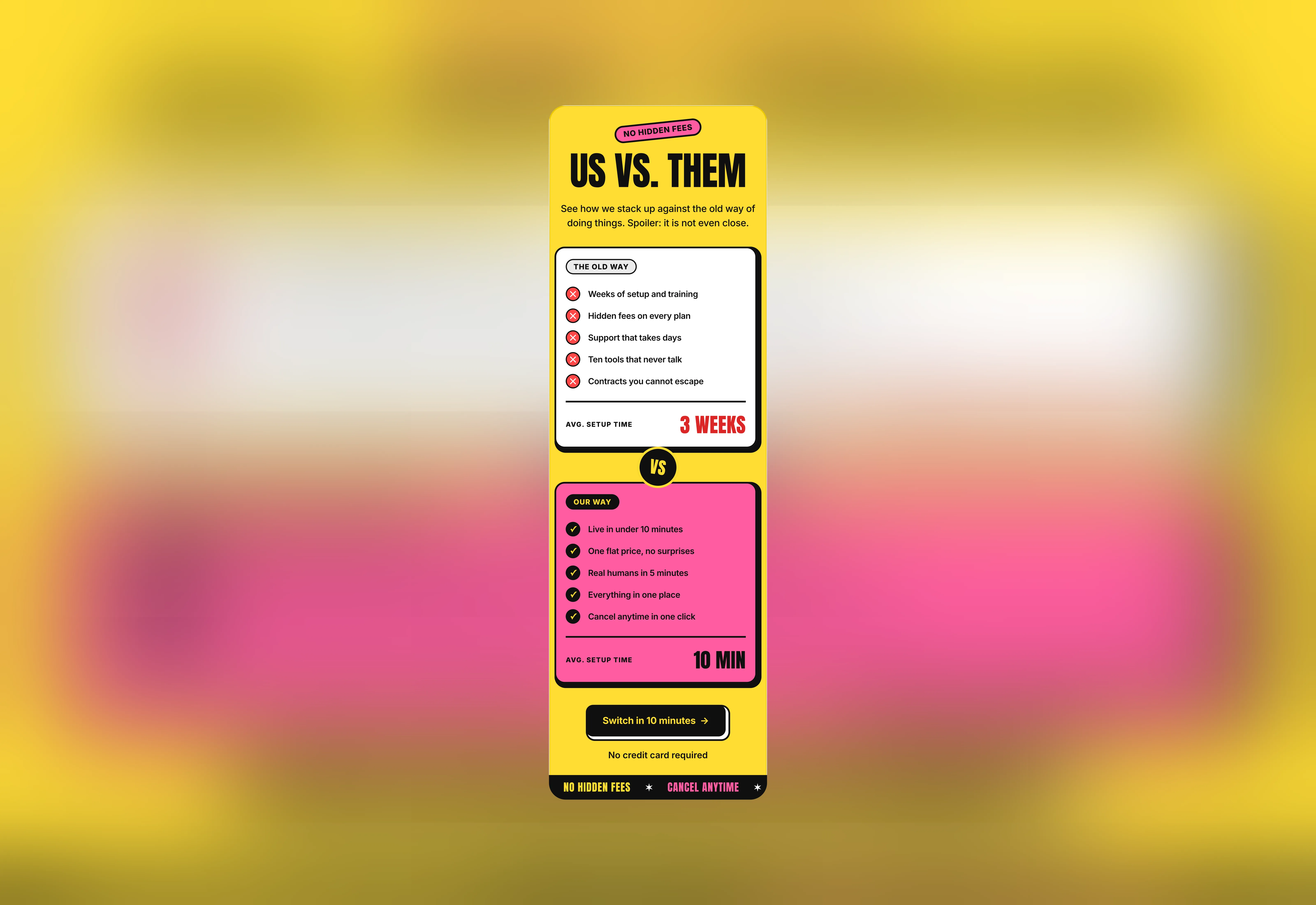A light orange themed us vs them comparison cards UI. Optimized for Framer mobile breakpoint.