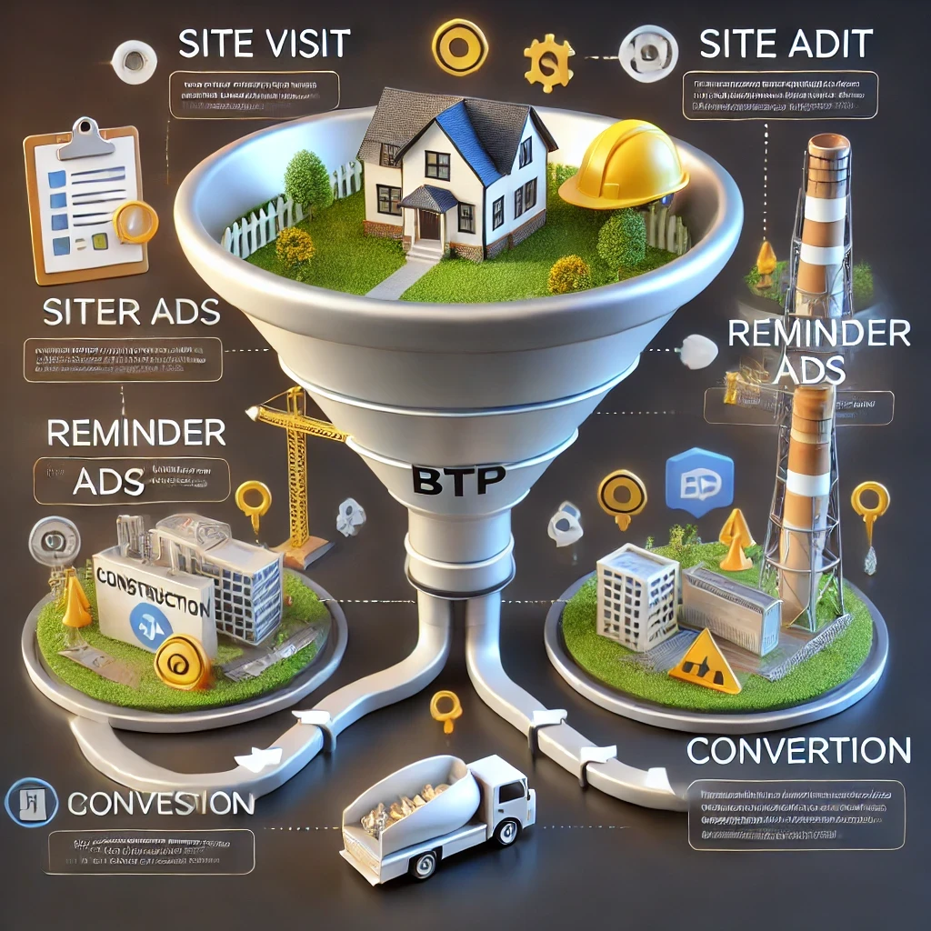 Entonnoir de retargeting pour le secteur du BTP montrant le parcours de conversion des prospects à travers des annonces ciblées.