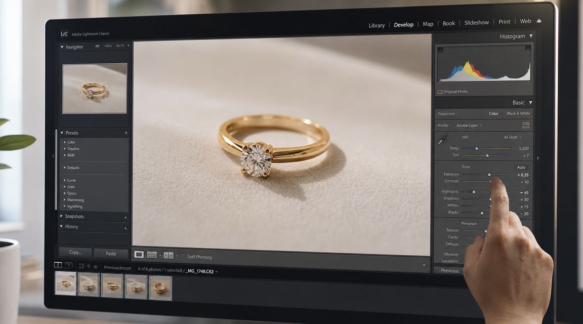 A hand adjusts the exposure slider on a computer screen editing a close-up ring photograph in Lightroom.
