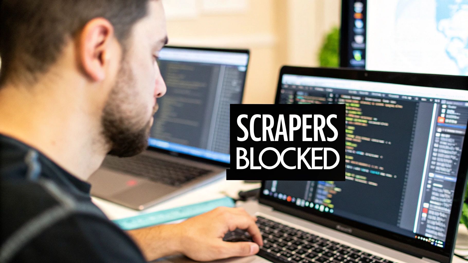 A developer working on two laptops with code on screens, text says 'SCRAPERS BLOCKED'.
