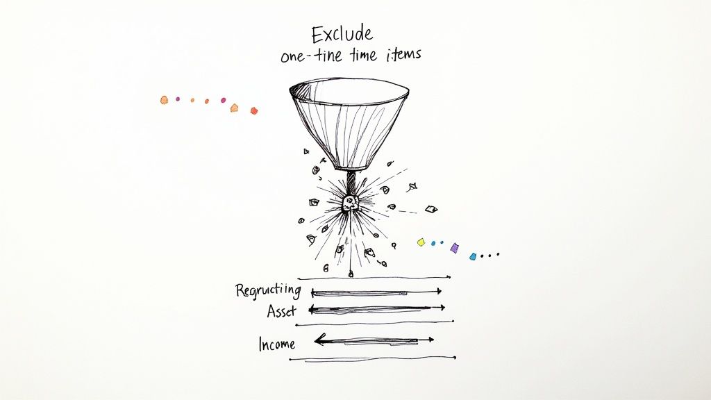 Diagram illustrating a funnel to exclude one-time items, filtering into recurring assets and income.