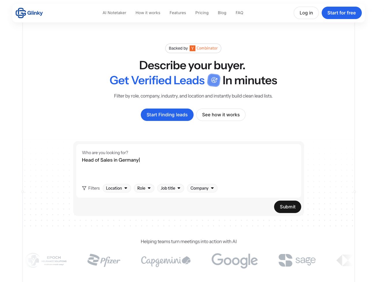 Glinky homepage demonstrating a lead generation tool for finding verified leads with search filters.