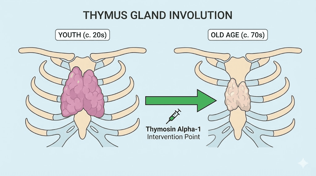 Thymus involution and thymosin alpha-1 peptide intervention diagram