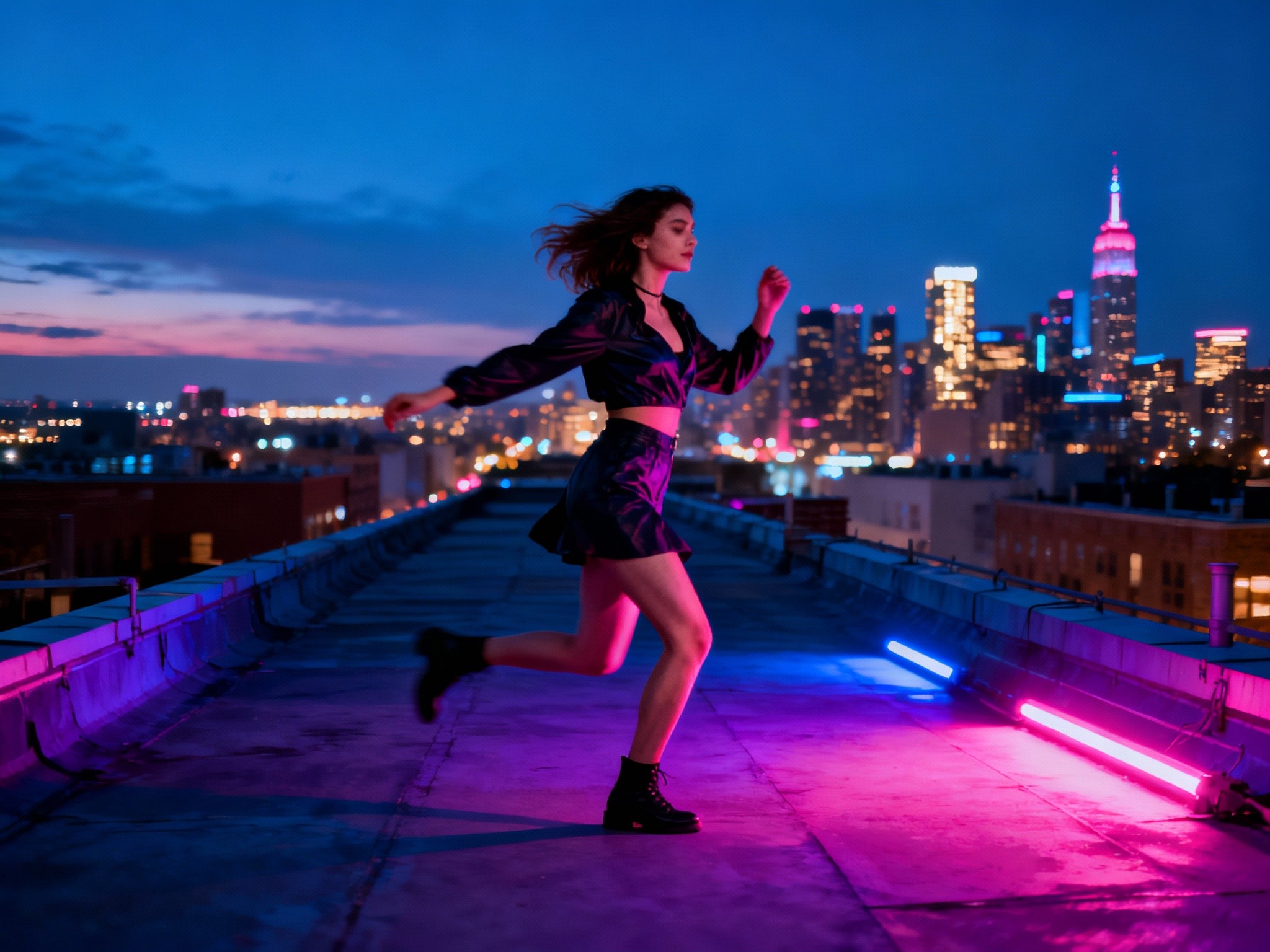 A vibrant city rooftop scene at twilight in a composition showing a dynamic woman mid-motion against