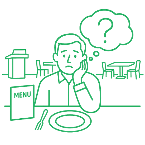Line art illustration of person sitting at restaurant table with empty plate
