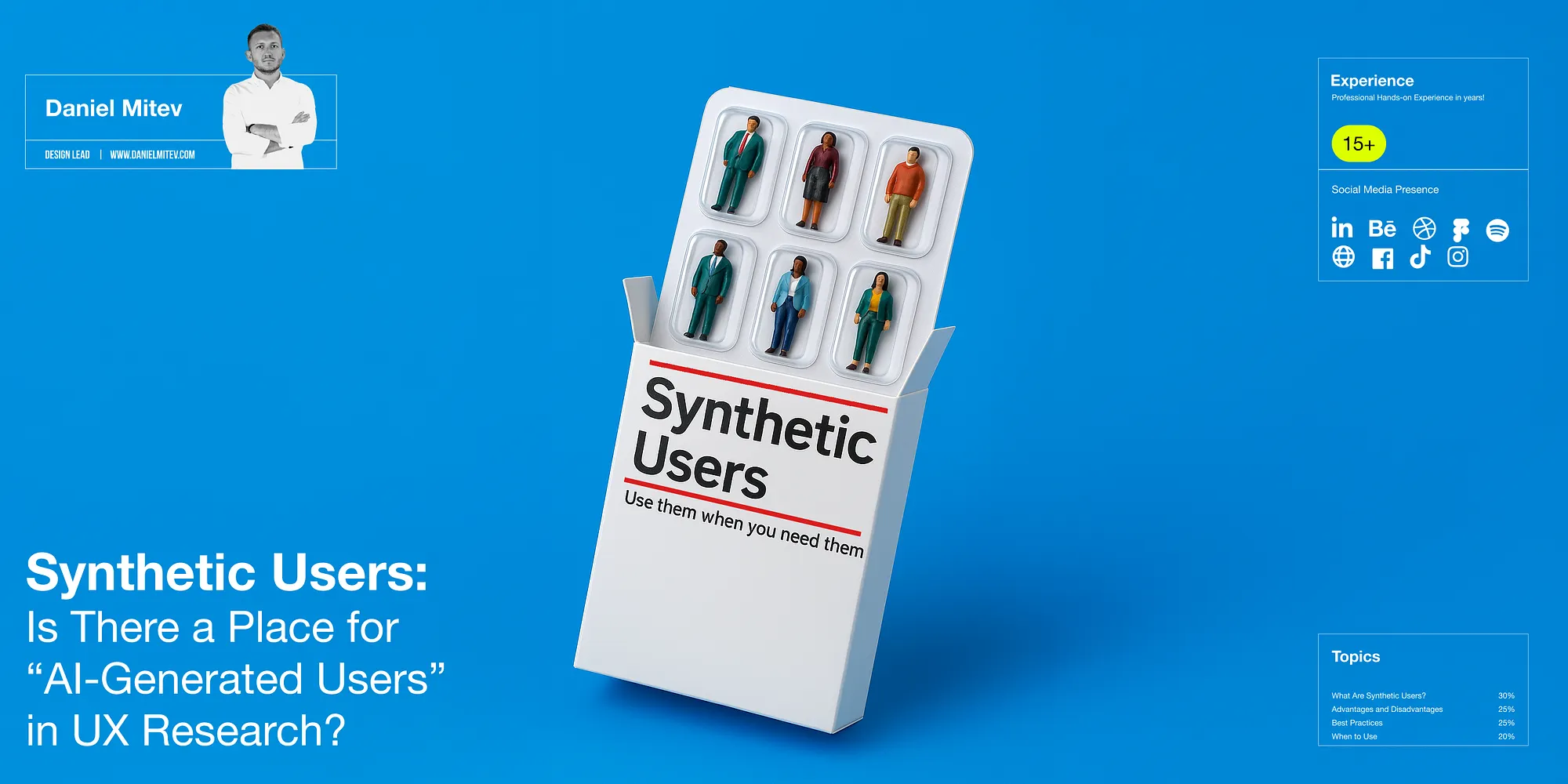 The image features a blue background with a white box of six figurines labeled "Synthetic Users," accompanied by text discussing the potential of AI-generated users in UX research.