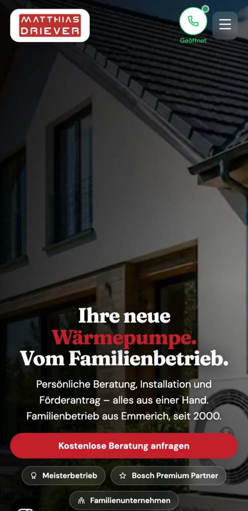Website von Driever Wasser & Wärme auf dem Smartphone