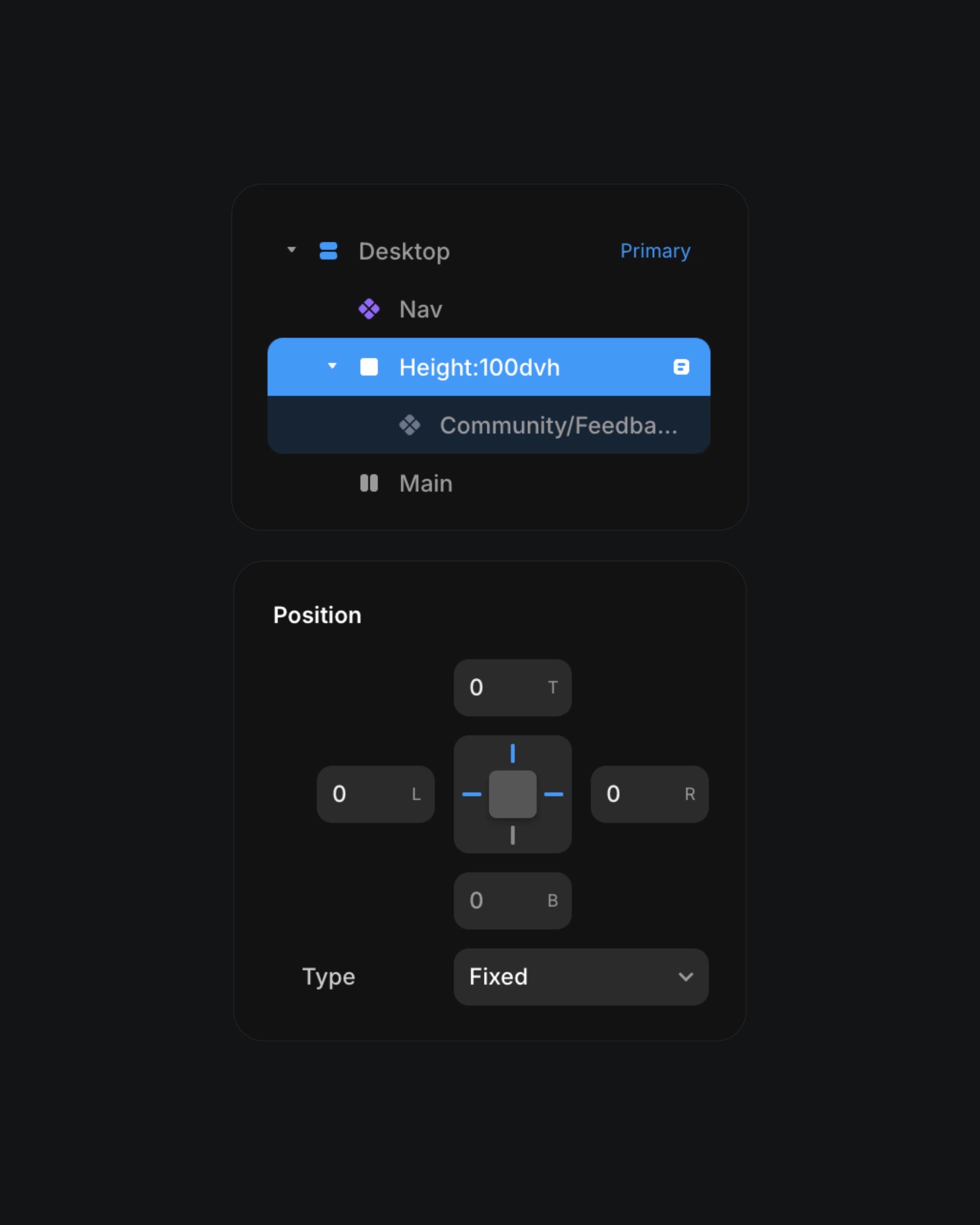 Dark mode UI interface showing desktop layout settings with height adjustment and positioning options