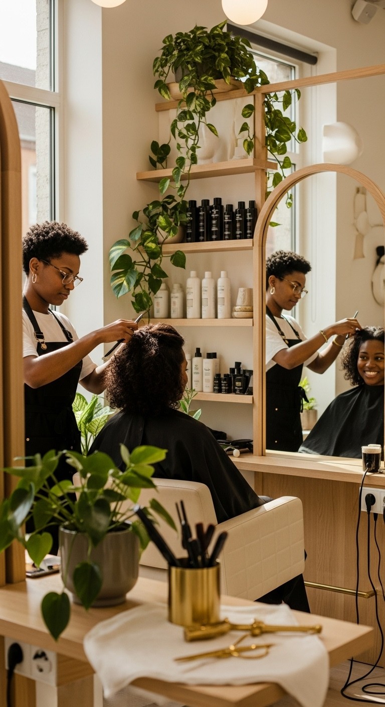 A Black hairstylist styles a smiling client's hair in a bright, plant-filled salon with wooden shelves and arched mirrors.