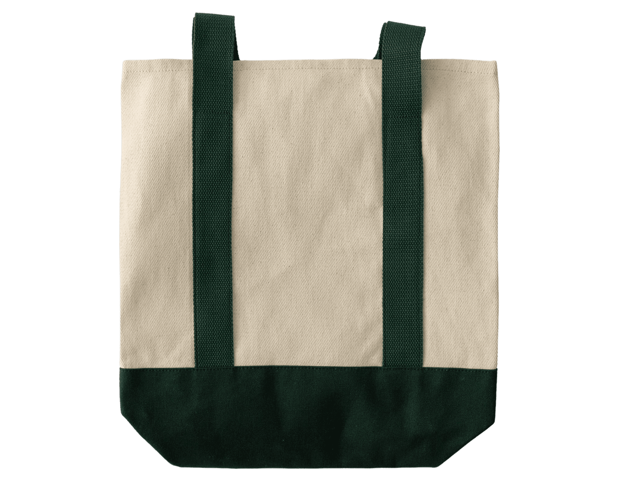 Beige tote bag with dark green straps and bottom.