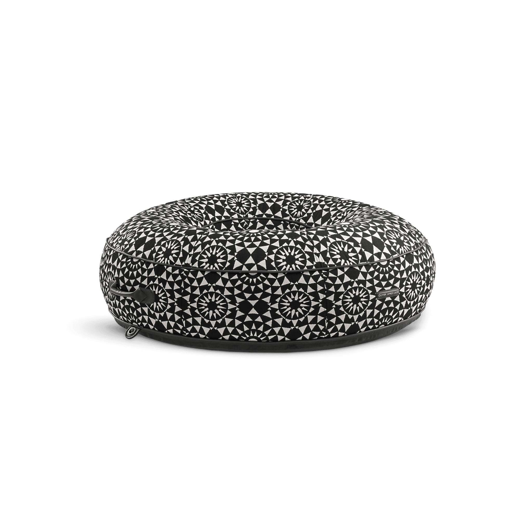 Ring-shaped luxury pool float in black-and-white geometric jacquard with leather trim
