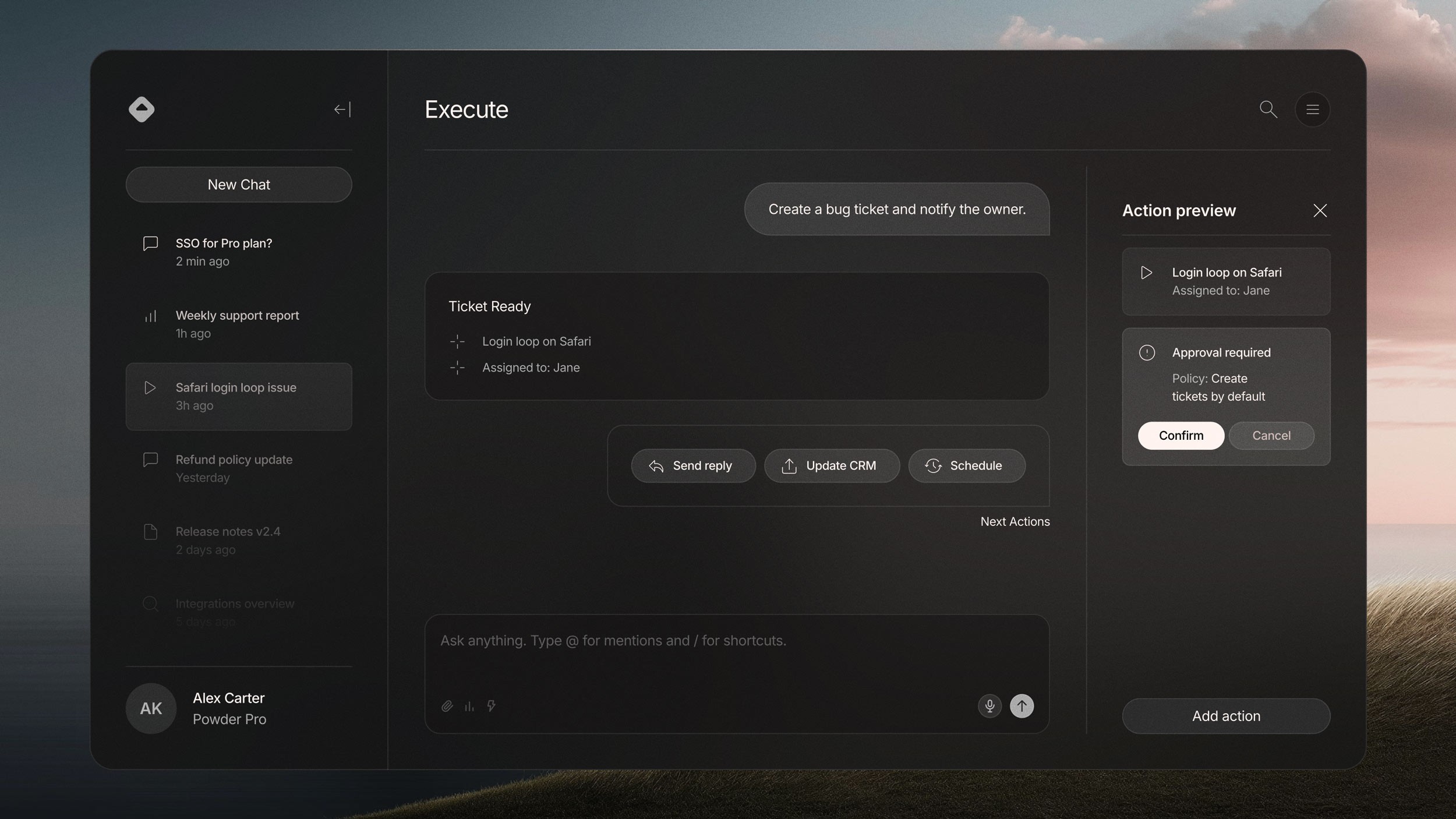 Bug ticket creation flow with action preview panel and approval confirmation prompt.