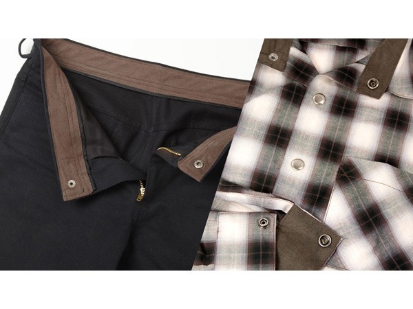 The image shows a pair of dark-colored pants with a brown interior lining, partially unbuttoned on the left side, revealing a dark fabric lining. A buttoned plaid shirt with brown, white, and black checks rests on top of the pants. The shirt has visible buttons and pockets. The pants and shirt are arranged against a plain white background.