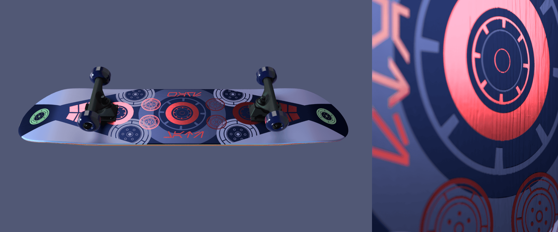 Wide shot and detail of aFuturistic Skateboard Design based on Star Wars 