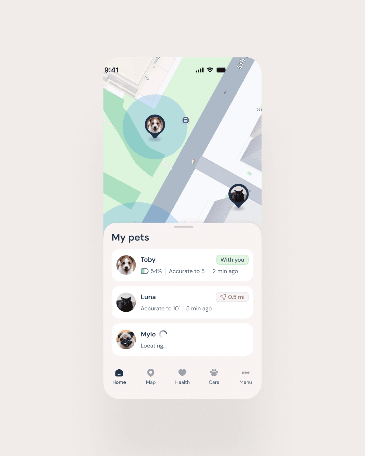 Animated UI screen showing a map and pet tracking information for multiple pets