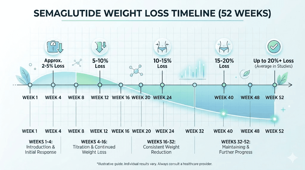 Semaglutide results week by week timeline from first dose to one year