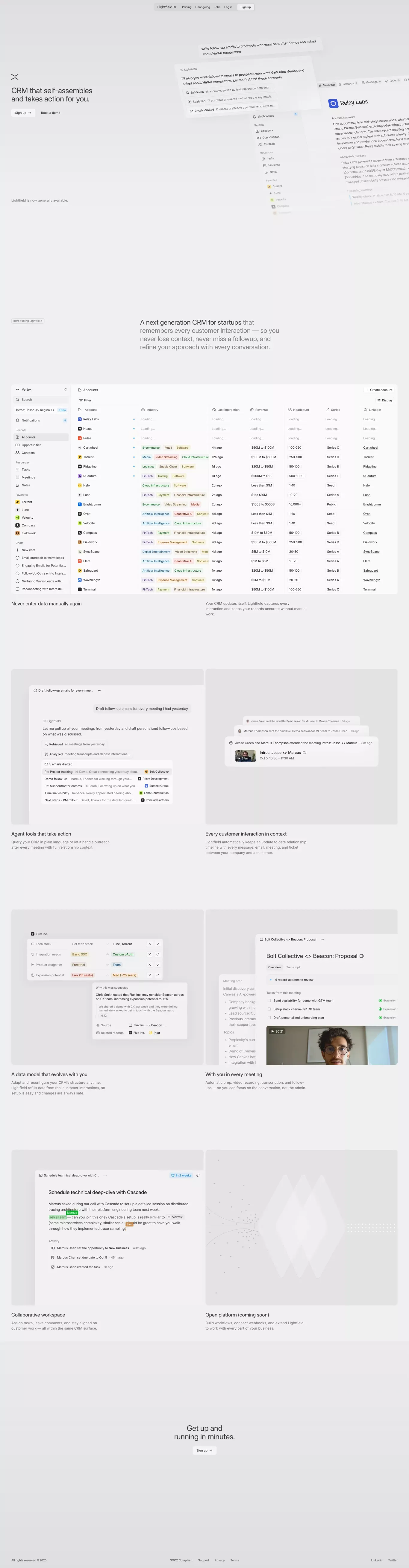 Lightfield - A new kind of CRM landing page screenshot showcasing Tech design