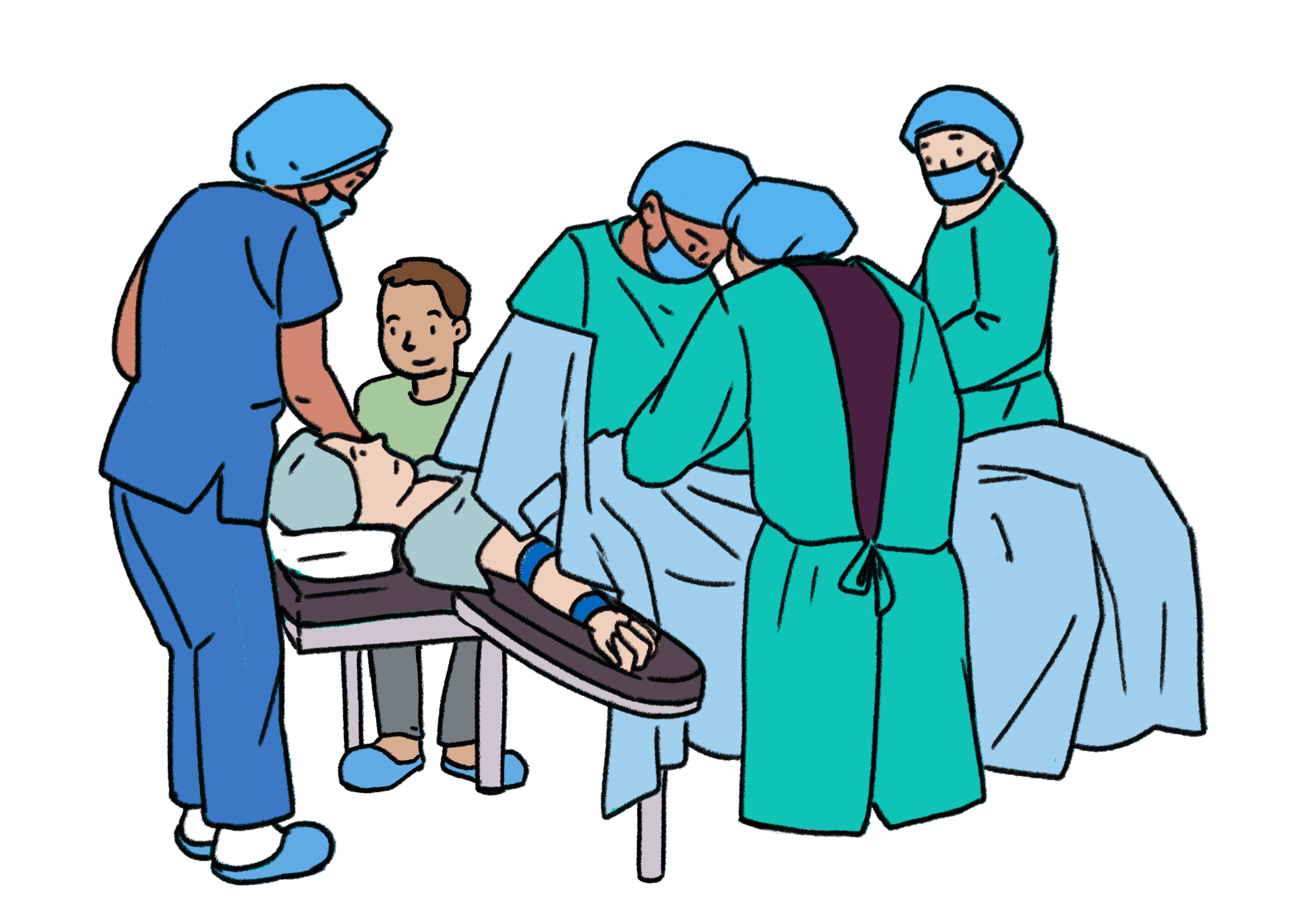 An illustration of a pregnant person on the operating table for a caesarean birth. They are surrounded by medical staff and surgeons, their partner sits next to them and there is a sheet in front of their face and over their body.