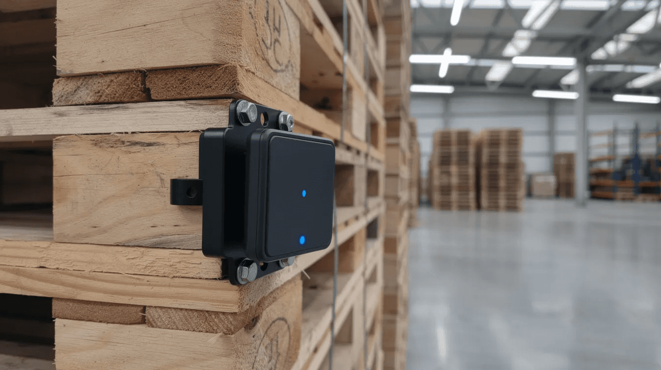 An IoT tracker is securely attached to stacked shipping pallets in a warehouse, enabling real-time asset tracking and efficient asset management. This device enhances inventory management by providing real-time visibility into the location and status of physical assets within the logistics network.