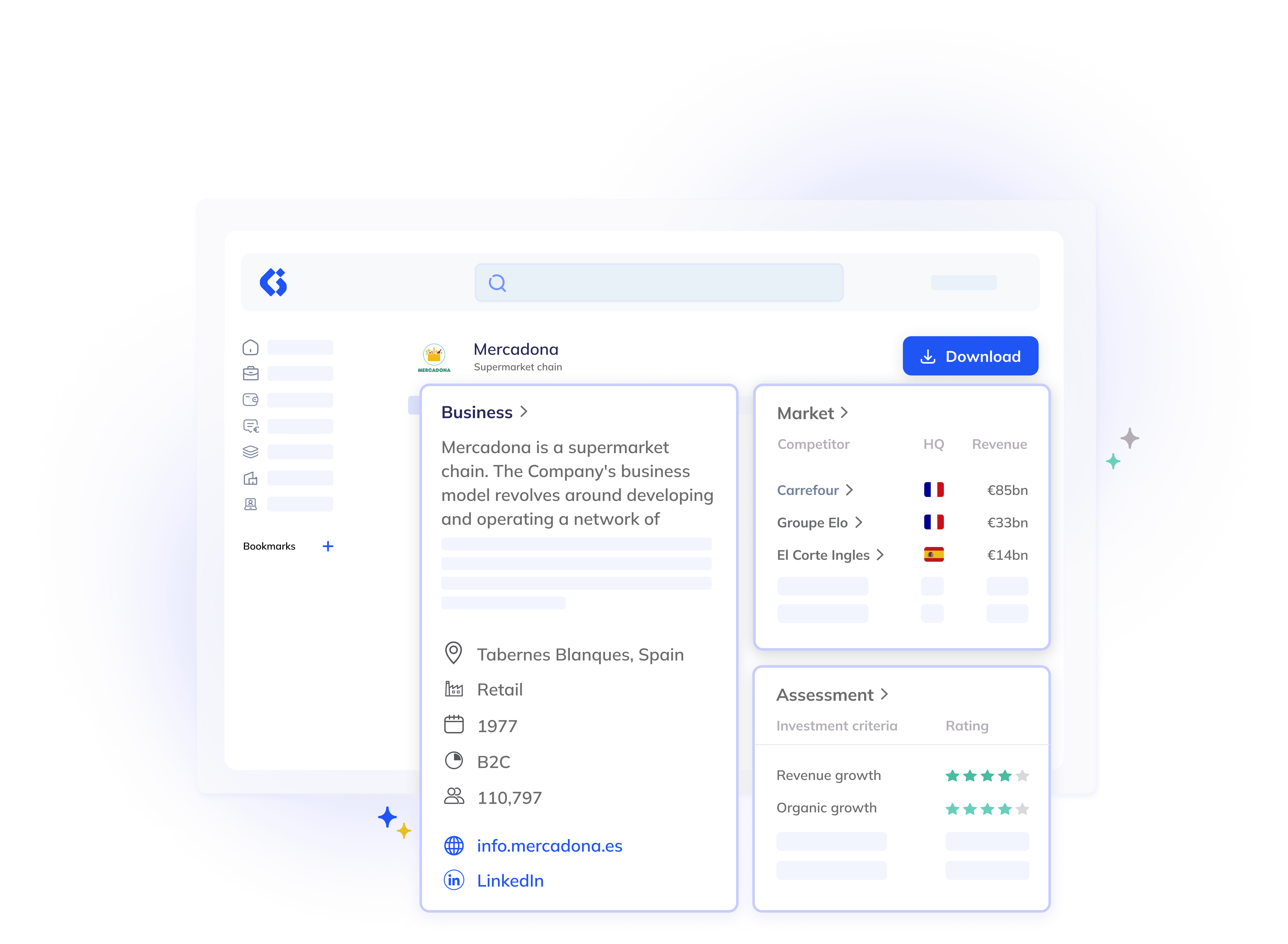 A digital interface displays information about Mercadona, including business details, market size by country, assessment, and company contact info, over a light abstract background.