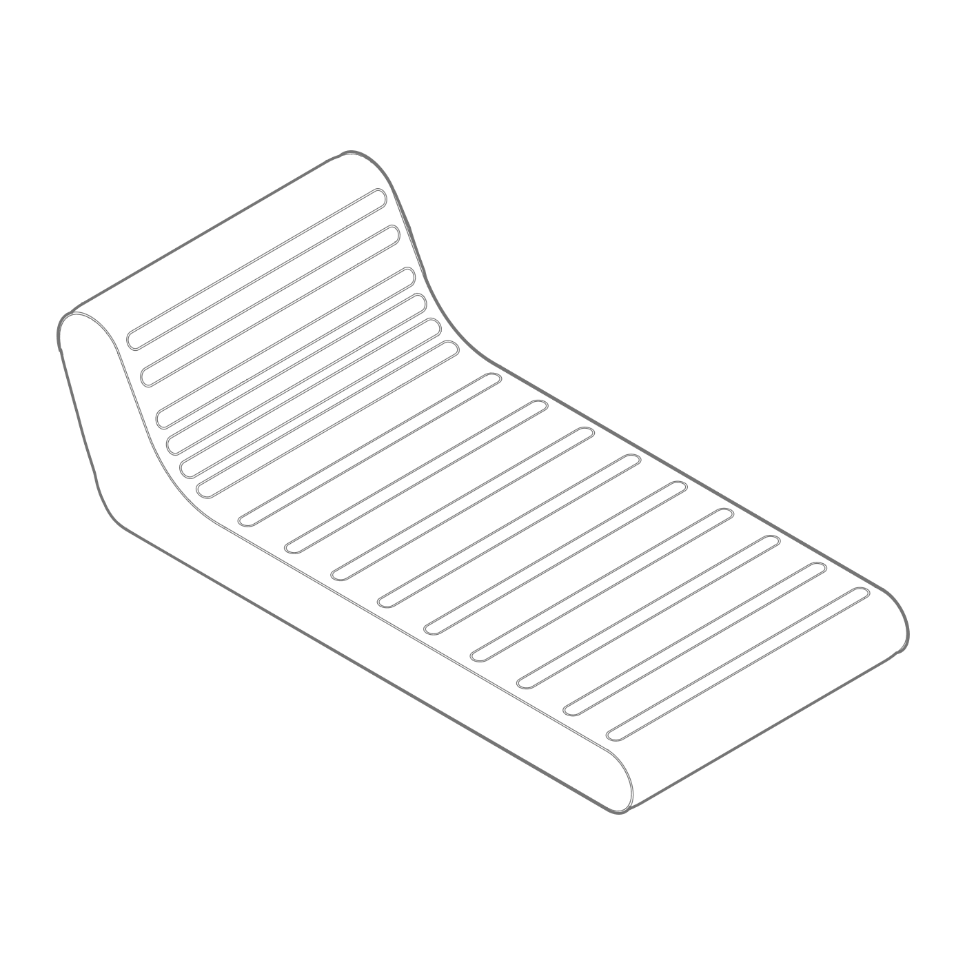 Isometric line drawing of the internal inflatable core of a luxury pool float by Oliver James Lilos — ergonomic contouring for adult lounging comfort.