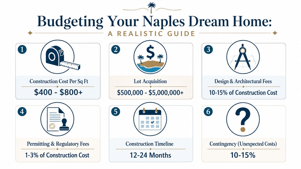 An infographic titled Budgeting Your Naples Dream Home outlining six key factors in residential property development costs.