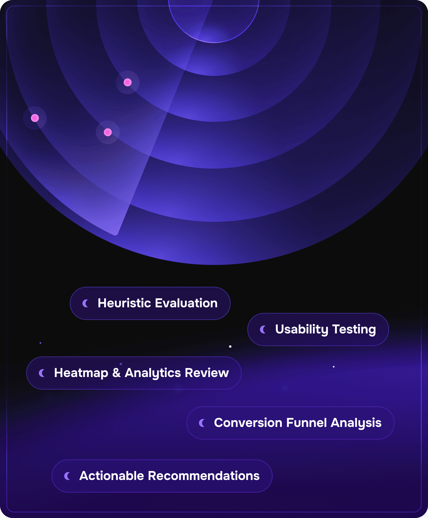 UX audit services illustration with heuristic evaluation, usability testing, heatmap analytics, conversion funnel analysis, and actionable recommendations in neon radar aesthetic.