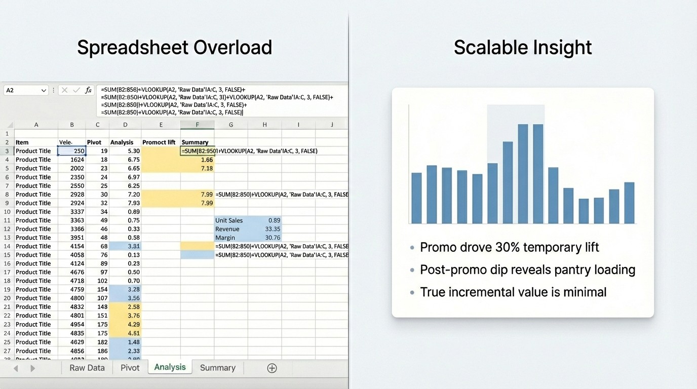 Side by side showing a messy spreadsheet on the left and a bar chart on the right