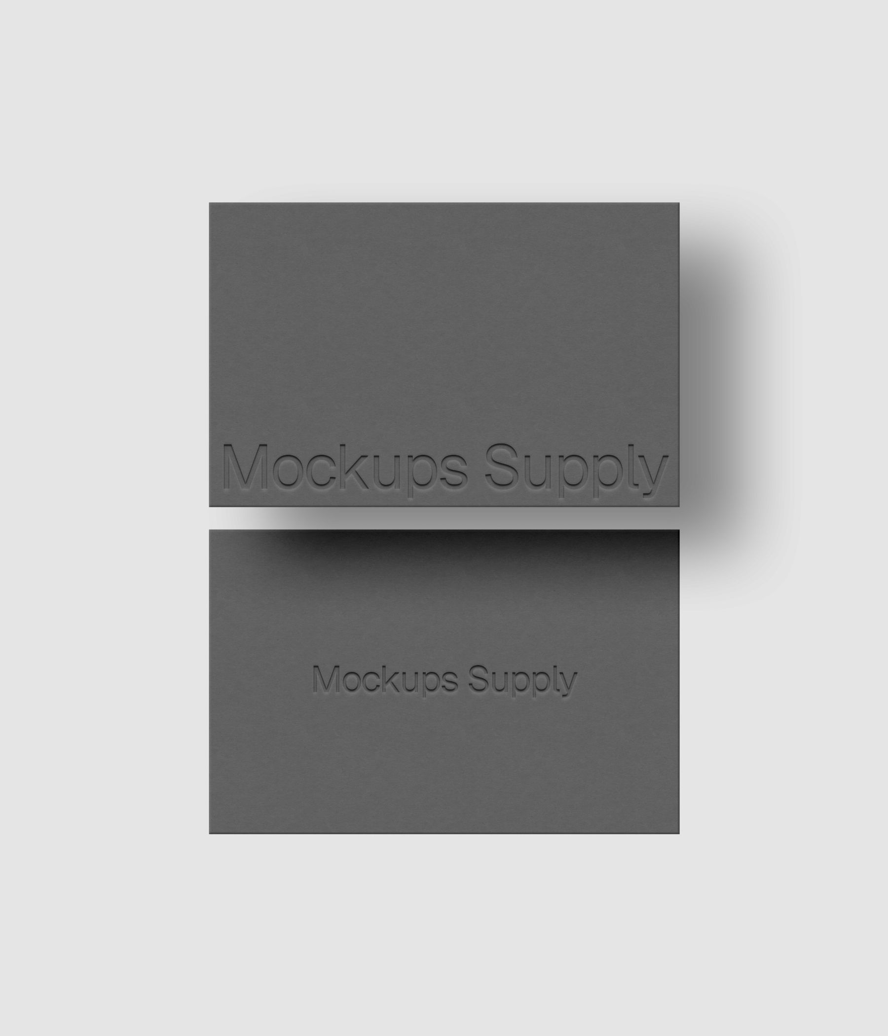 Two European business cards mockup PSD landscape with debossed logo and soft shadow, gray cards on white background, clean modern stationery mockup for brand identity