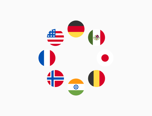 Internationale Flaggen, die globale Kommunikation repräsentieren, mit Flaggen aus den USA, Deutschland, Mexiko, Japan, Frankreich, Norwegen, Indien und Belgien, die globale Lieferung und Konnektivität symbolisieren.