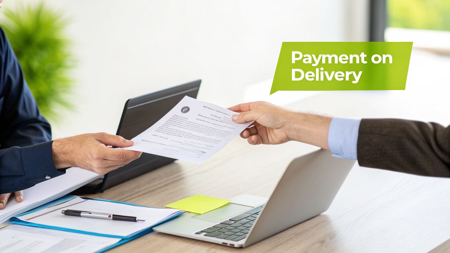 Two people exchanging documents across a desk with a laptop and a 'Payment on Delivery' speech bubble.