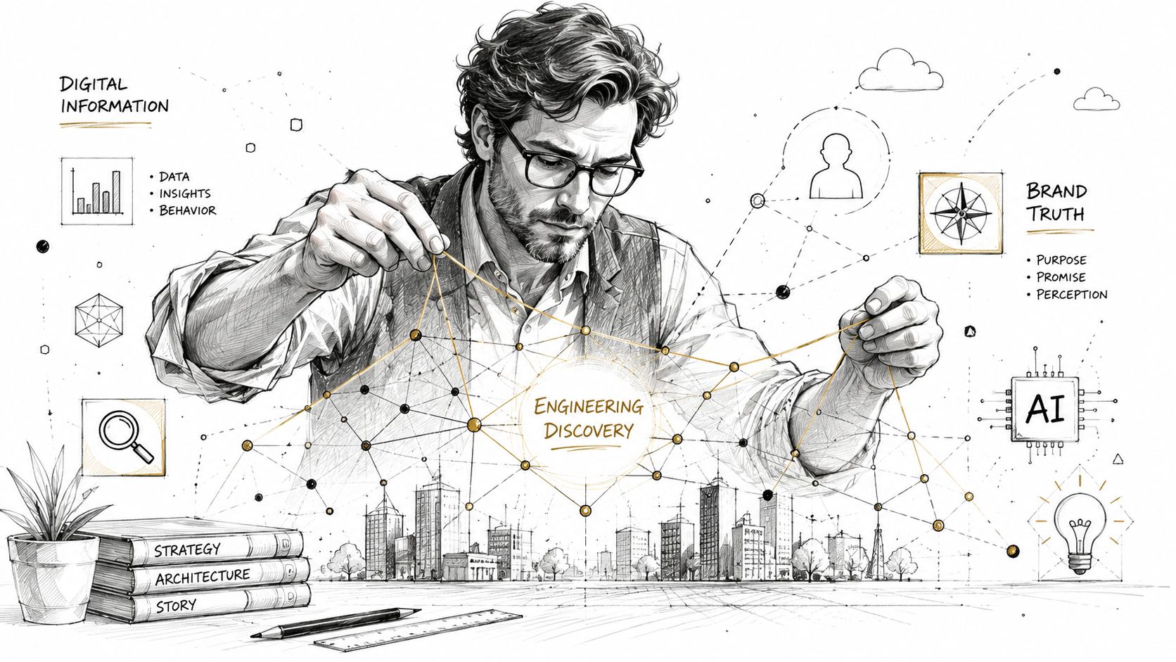A professional man connecting data points in a digital network to represent AI search visibility strategy.