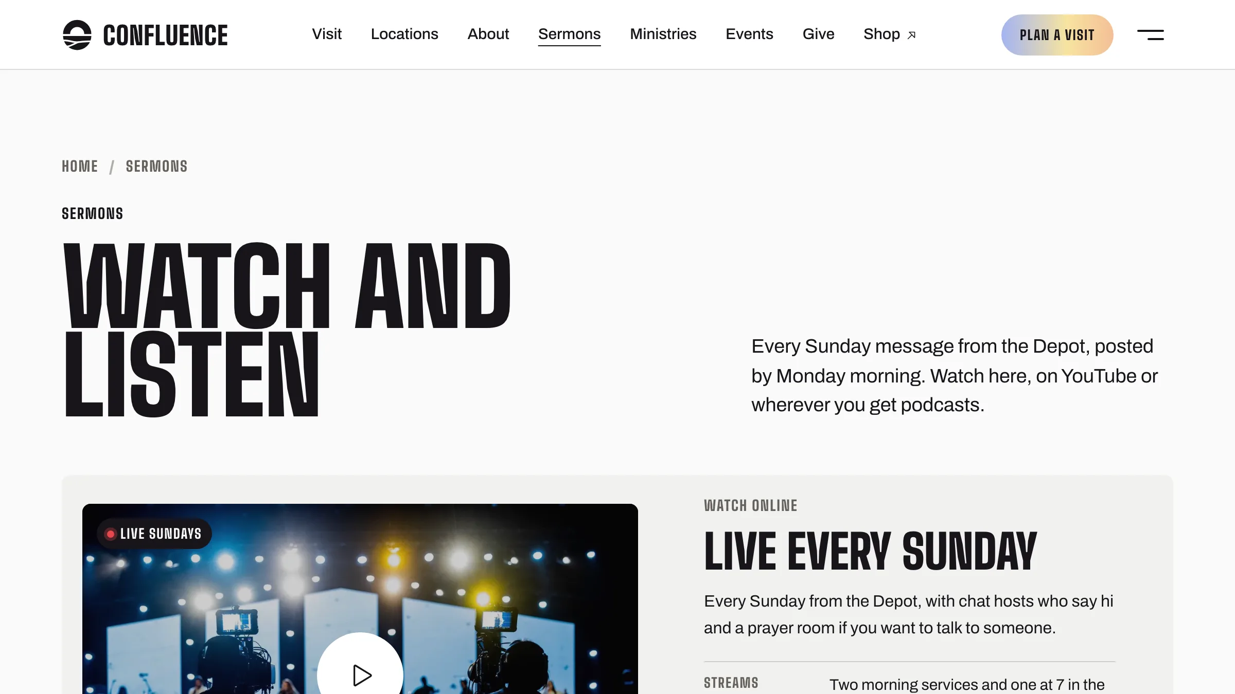 Confluence Church template, sermons page with the live service