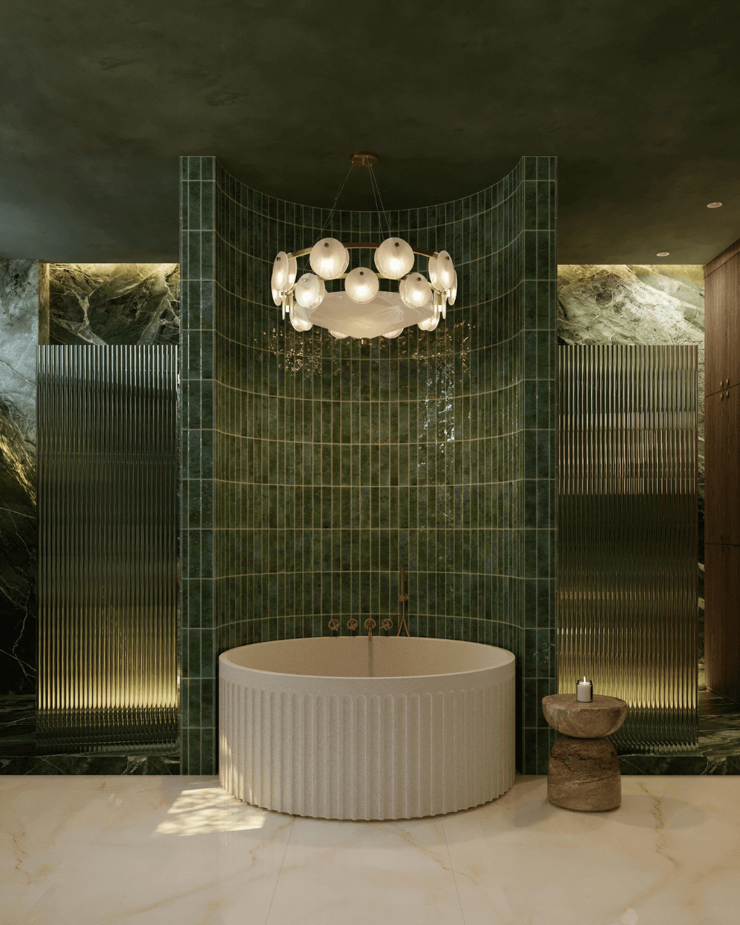Round fluted bath in a curved green tiled enclosure under an alabaster chandelier, with fluted glass screens either side