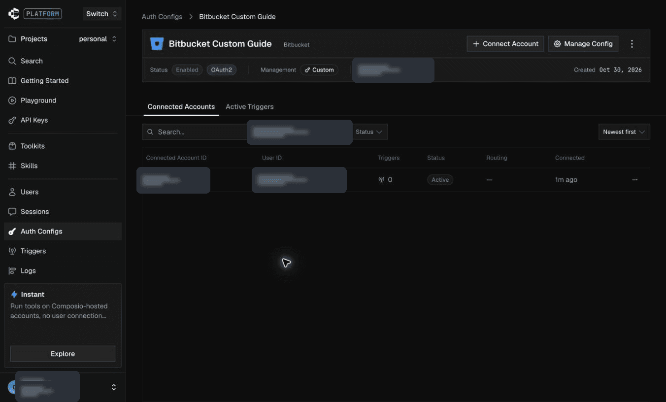 Bitbucket connected account showing Active
