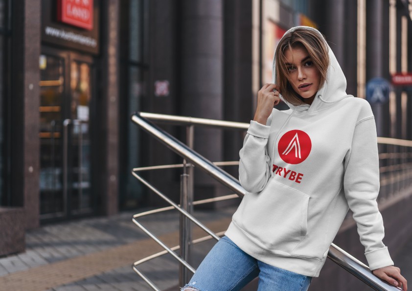 Pretty girl with white hoodie with Trybe Recruitment logo