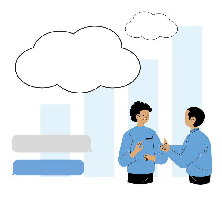 Cartoon image of two people talking, surrounded by clouds and with text message bubbles to their left