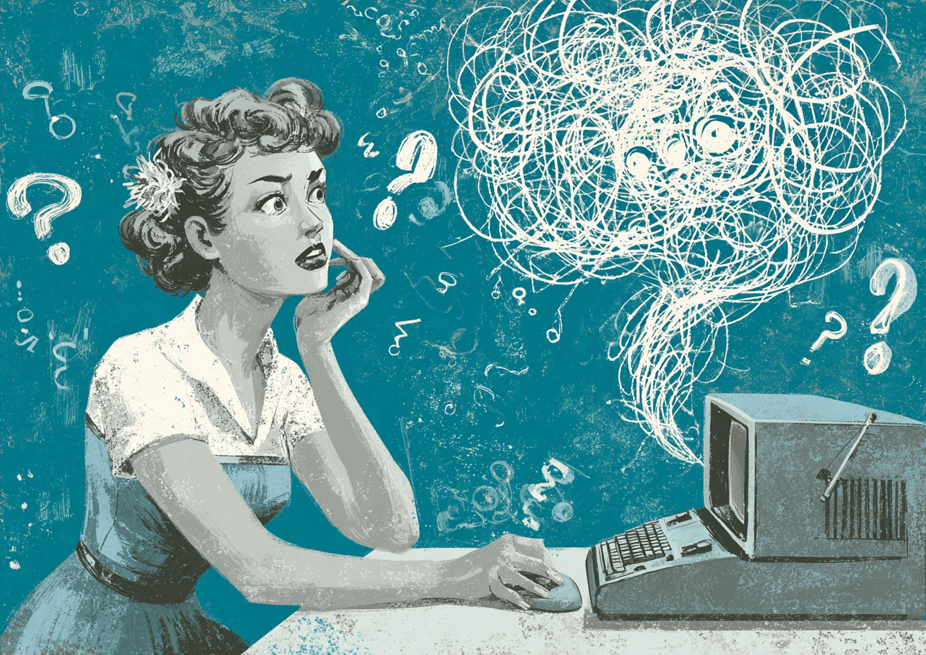 Midjourney/Epsilon Technologies Illustration. Woman thinking with computer
