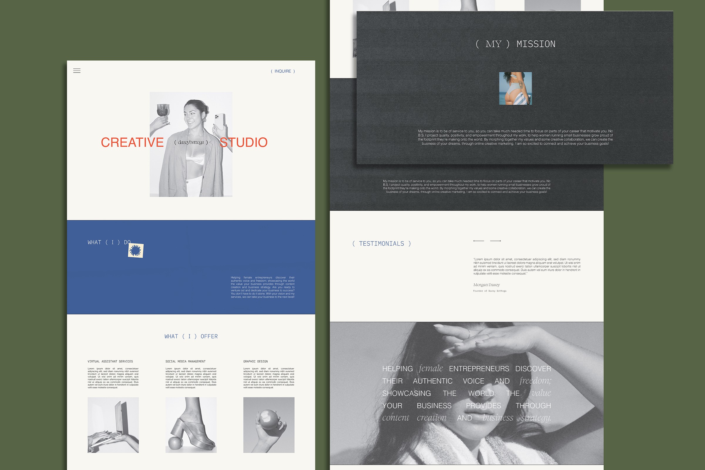 Refined website preview with a bold editorial touch, showcasing branding and design tailored for female-led businesses.