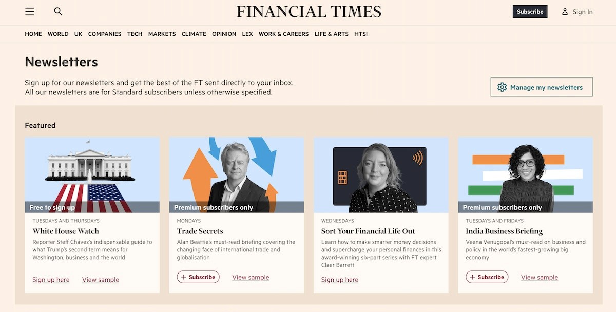 financial times newsletter signup form