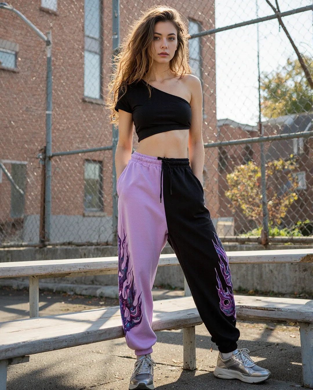 Street fashion photography featuring two-tone athleisure outfit with black crop top, half-purple half-black joggers against urban backdrop