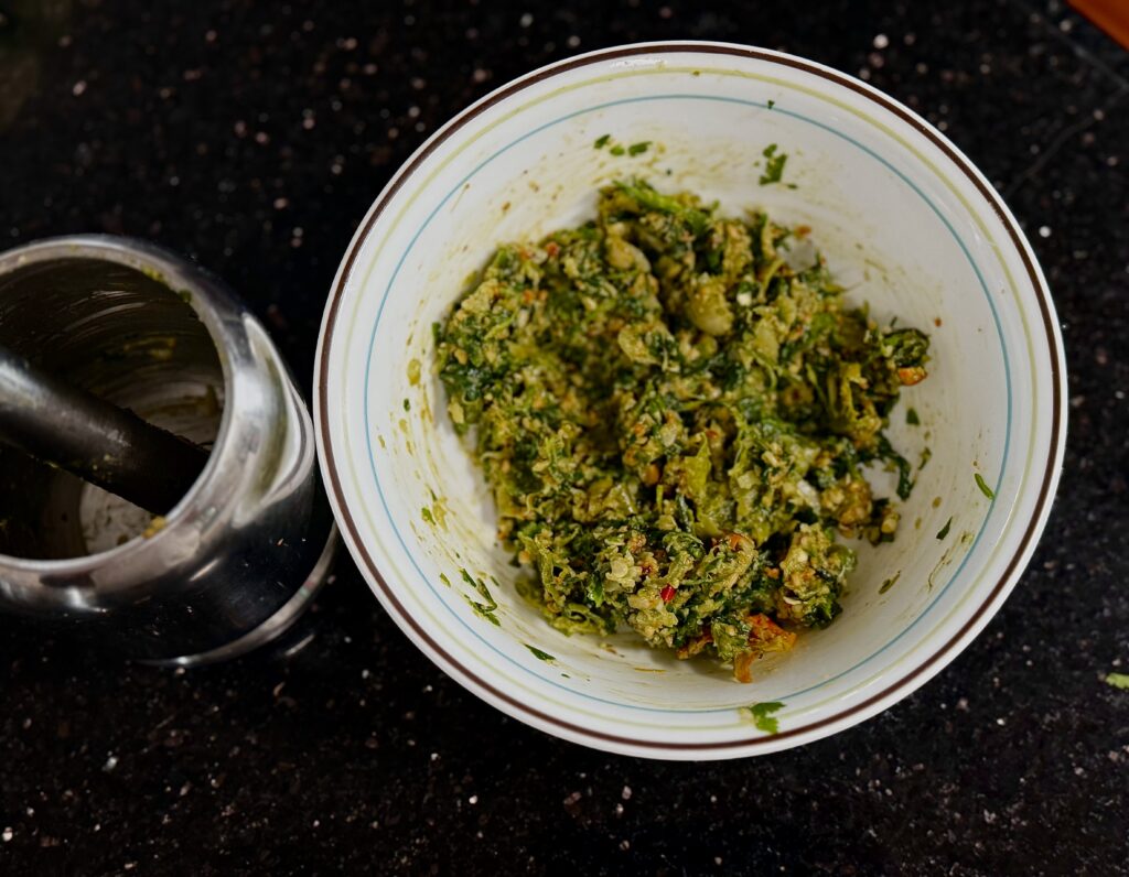 Thecha with mortar pestle. 