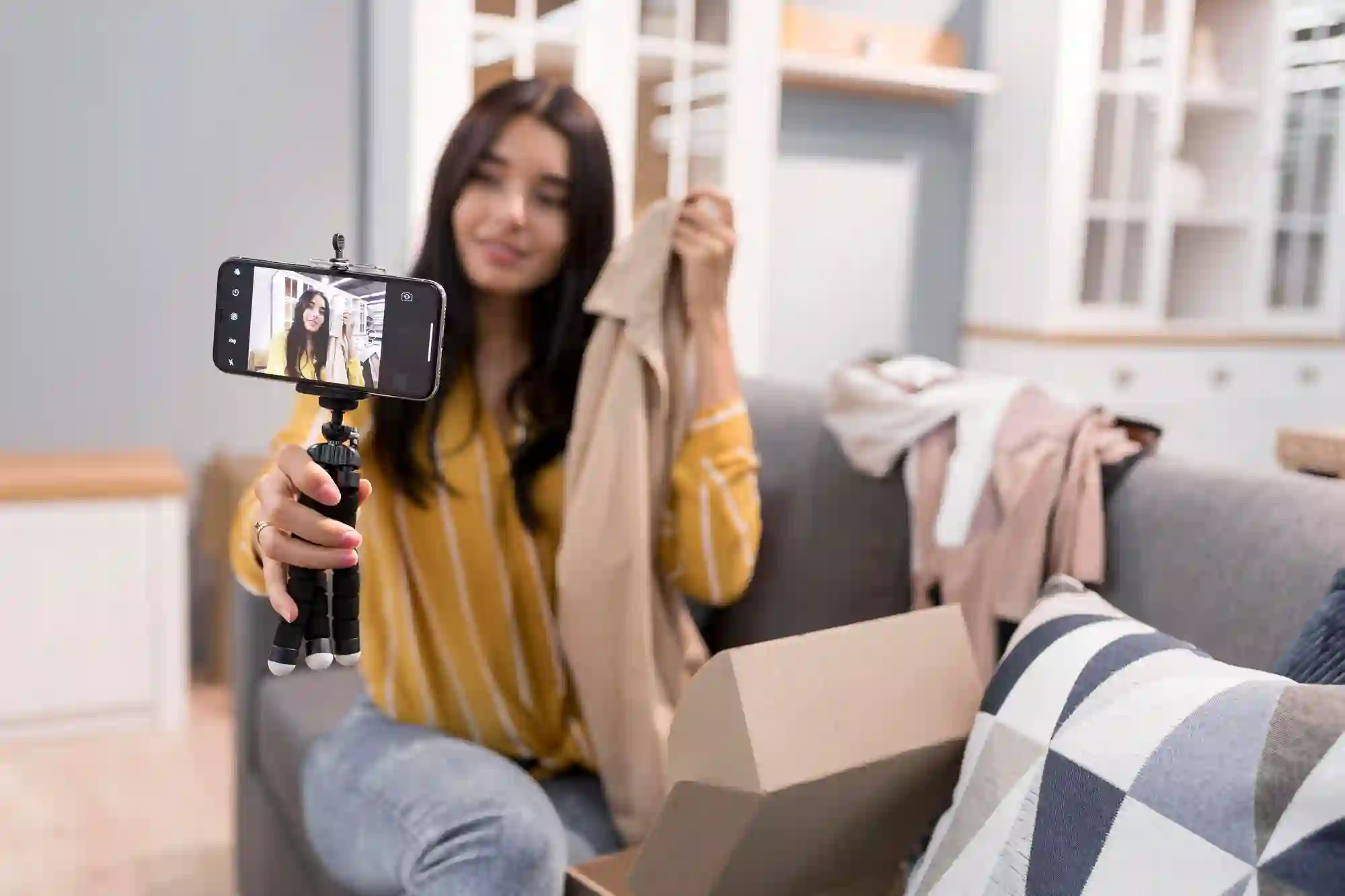 Woman reviewing clothing items for a video blog, showing a beige garment to the camera mounted on a tripod.