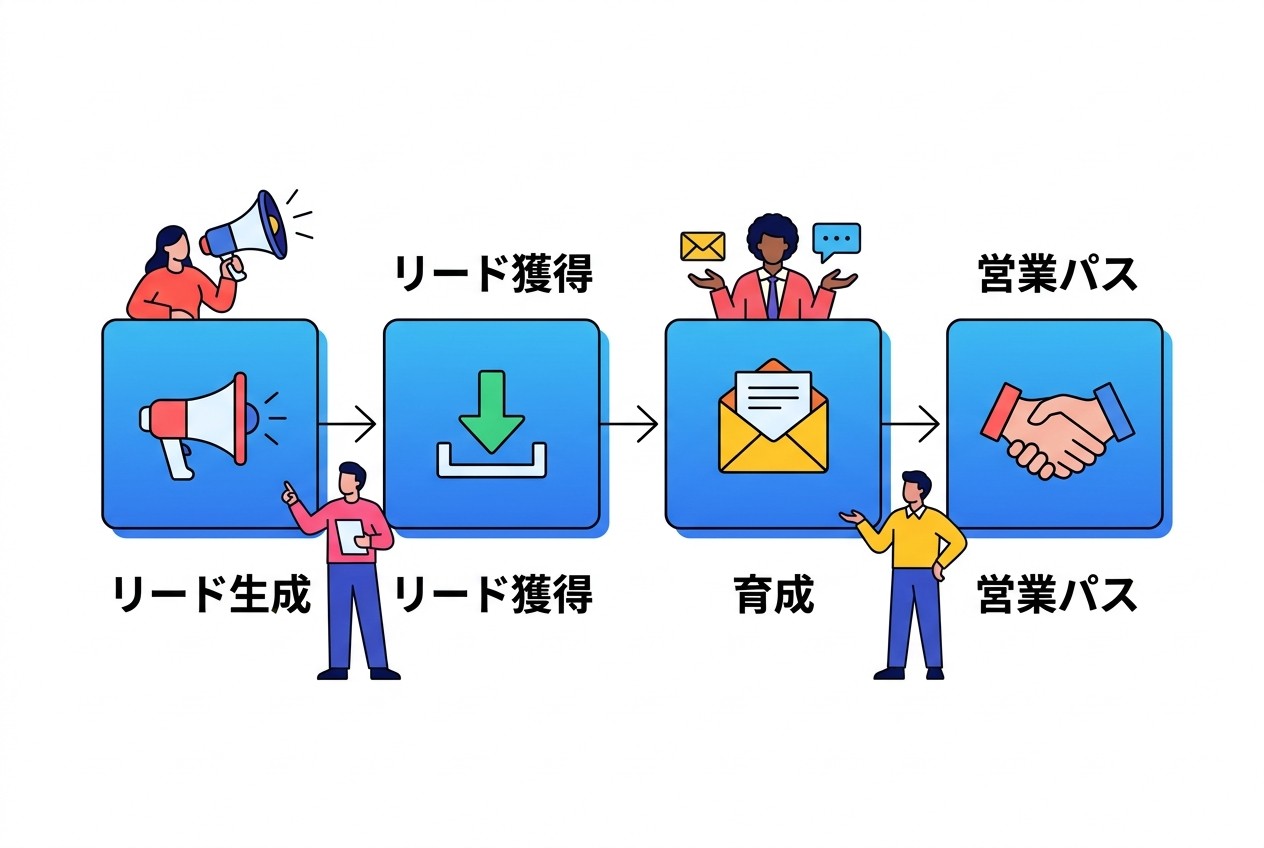 リード管理の4段階プロセス。生成→獲得→育成→営業パスの流れで、平均3〜6ヶ月で見込み客を顧客に転換できる。各段階で適切なKPI設定が成功の鍵となる。