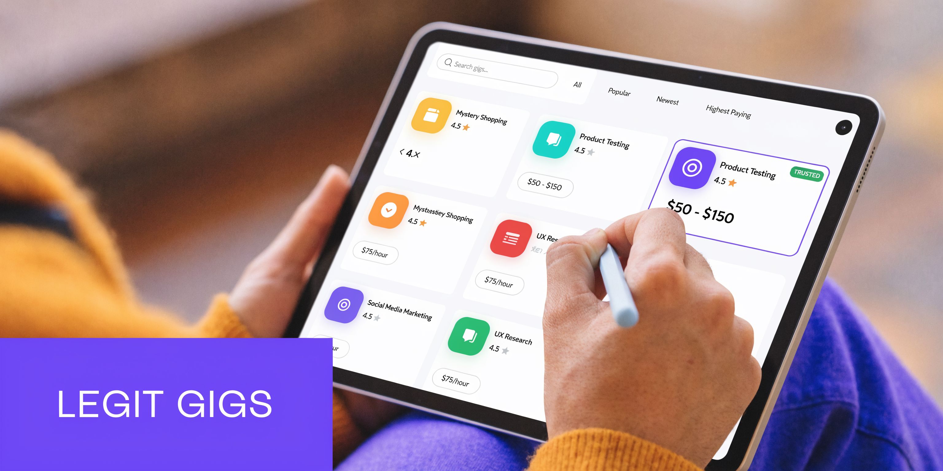 A person using a stylus on a digital tablet to browse various online gig opportunities for work.