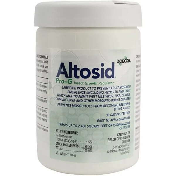 Container of Altosid, a product for mosquito control, displaying dosage instructions and safety warnings.