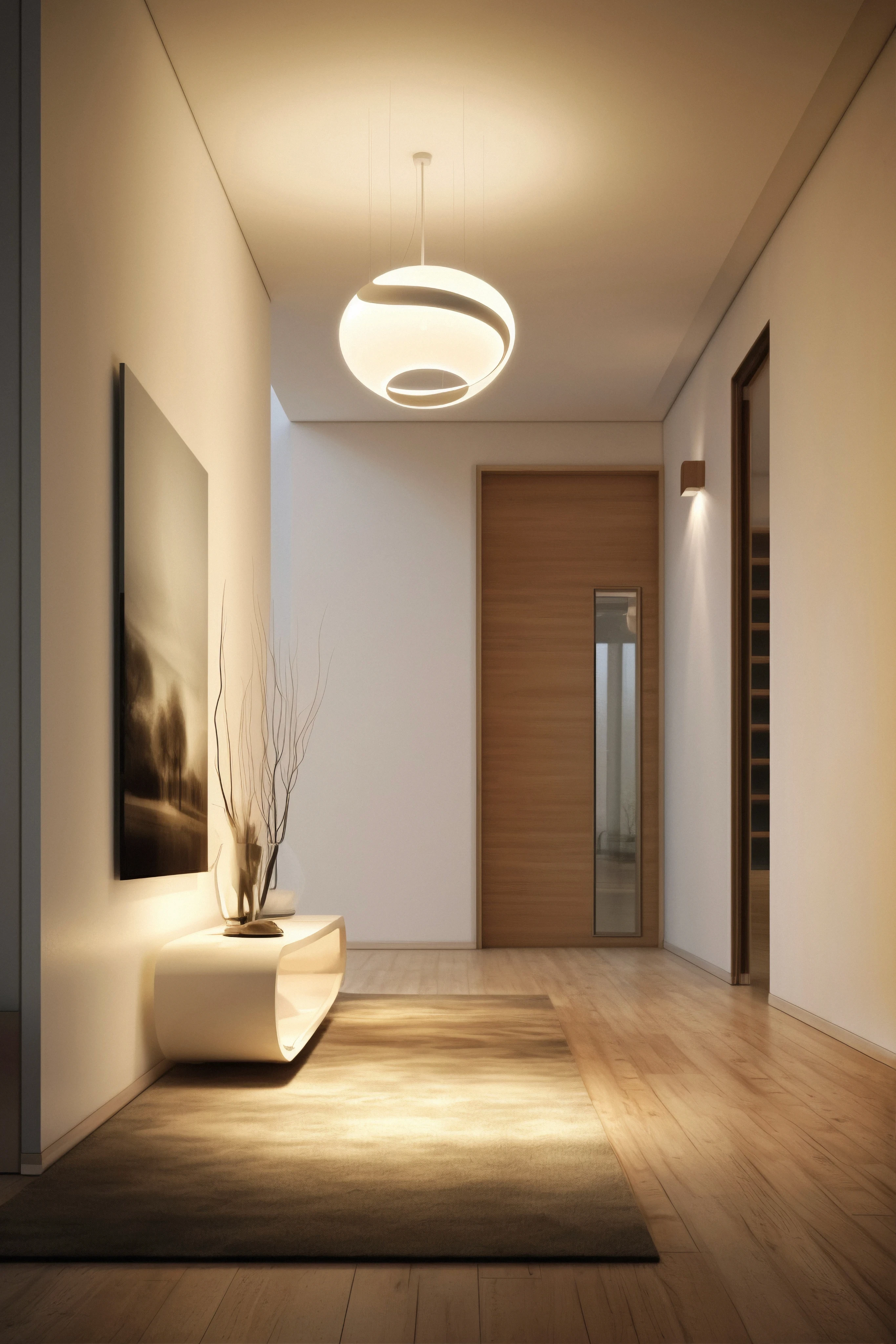 Bright modern entryway featuring a wooden door, globe pendant light, and minimalist hallway console.