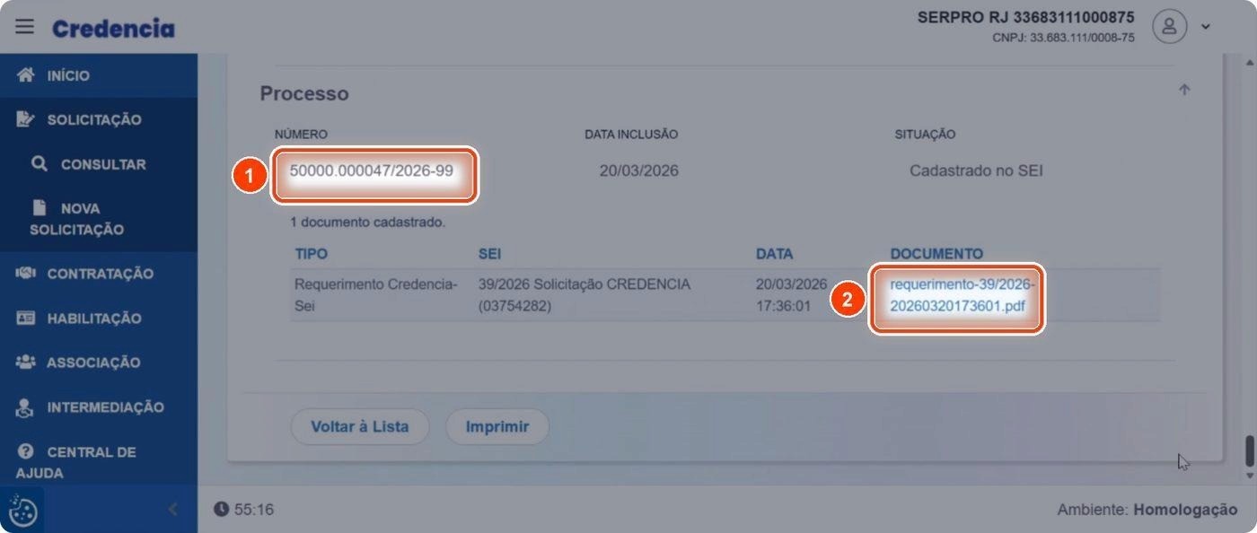 Captura de tela de referência do Credencia para Passo 4 — Conferir o número do processo e o documento relacionado. Contexto: 35 — Como acompanhar sua solicitação no Credencia.