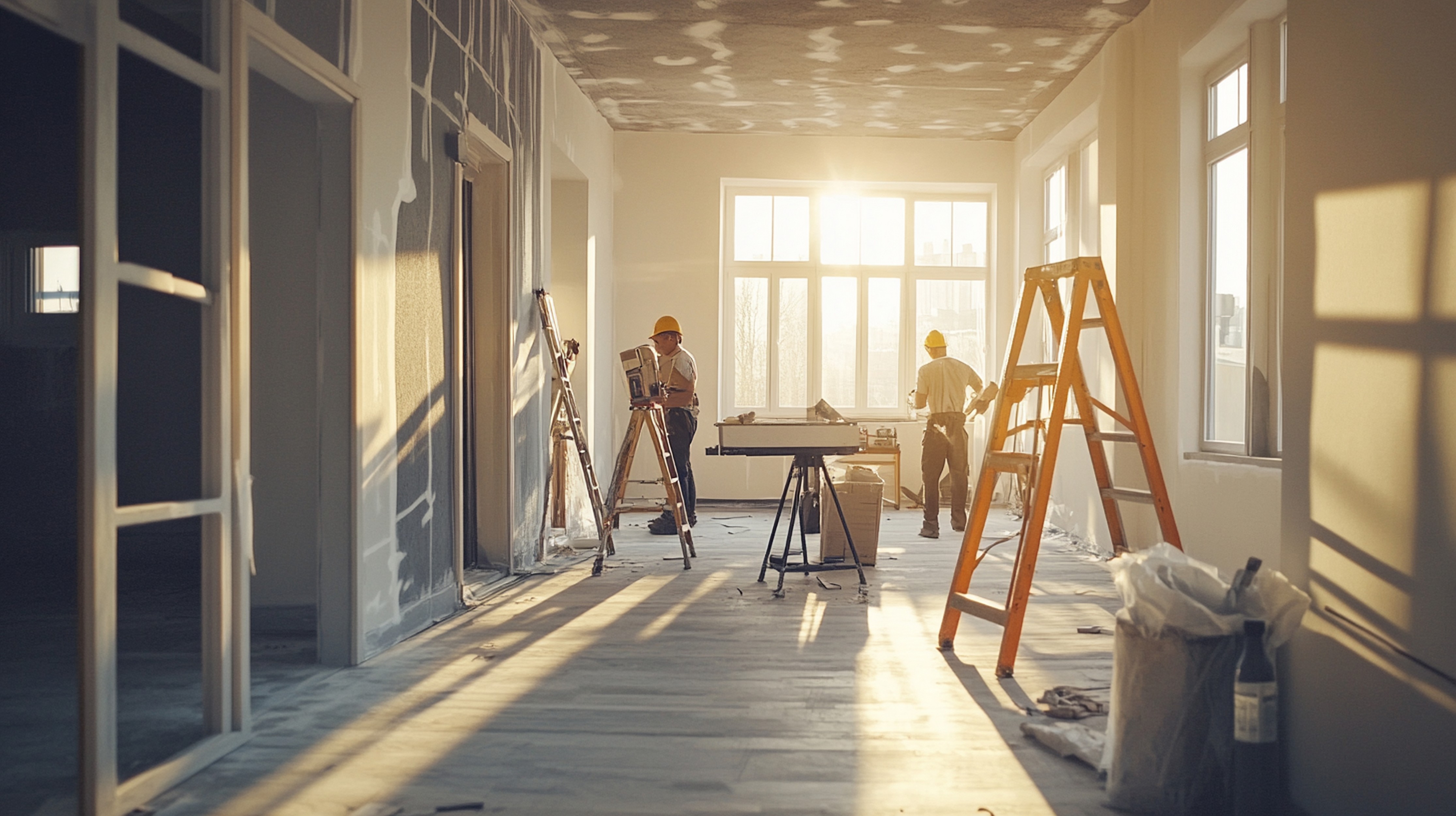 Stylish condominium room undergoing renovation with a ladder and tools, illustrating interior design and home staging services.