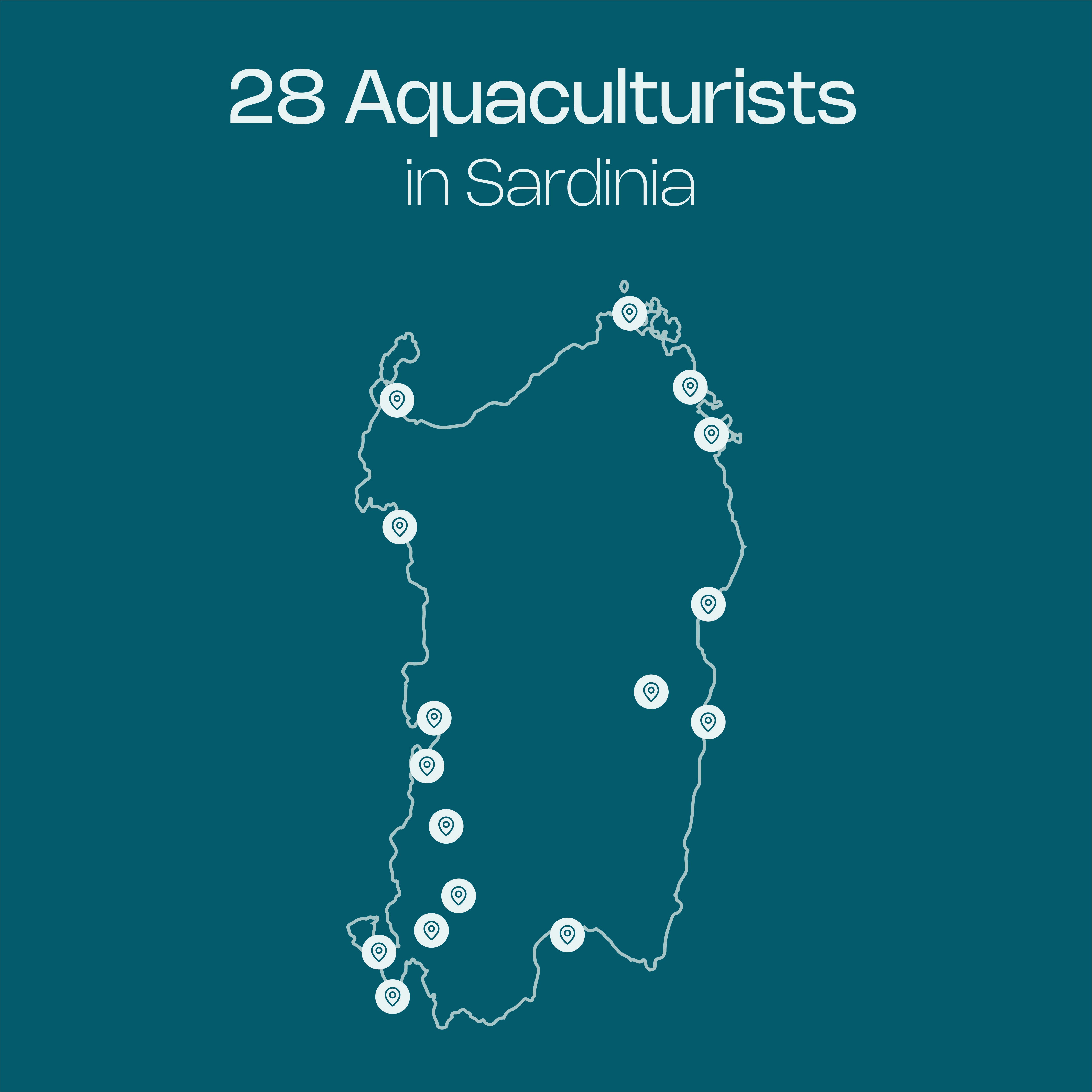 Outline map of Sardinia marked with 28 icons representing aquaculturist locations, with the title “28 Aquaculturists in Sardinia.